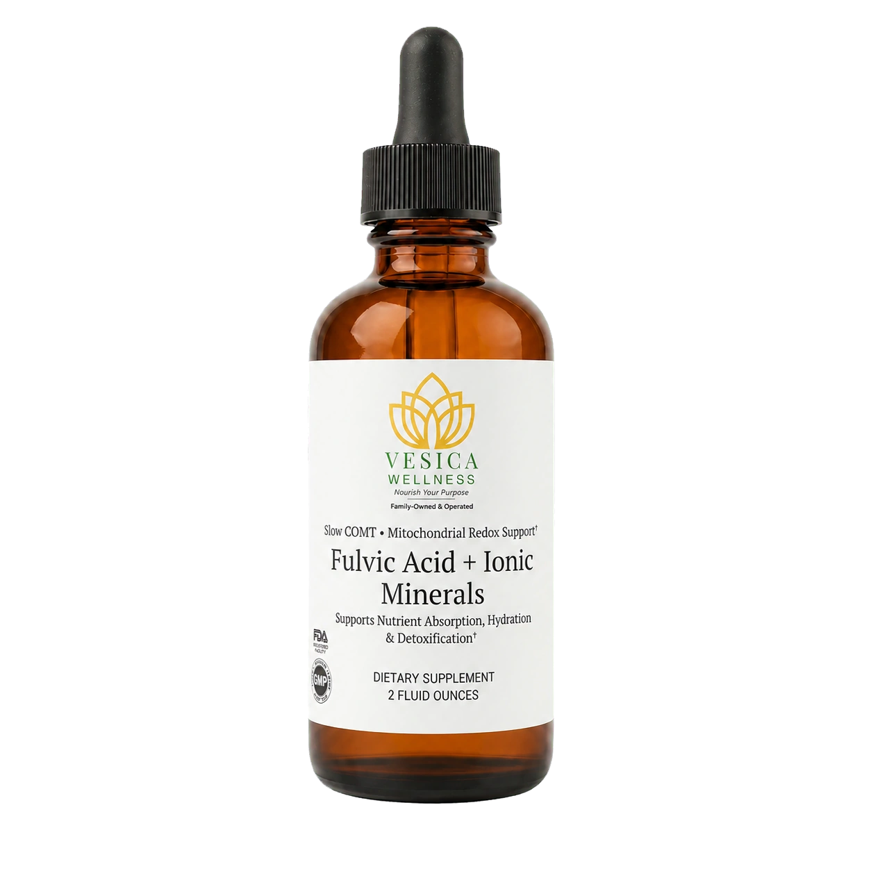 Vesica Fulvic Acid with Ionic Minerals full-size dropper bottle included in the Hydration and Mineral Core Bundle