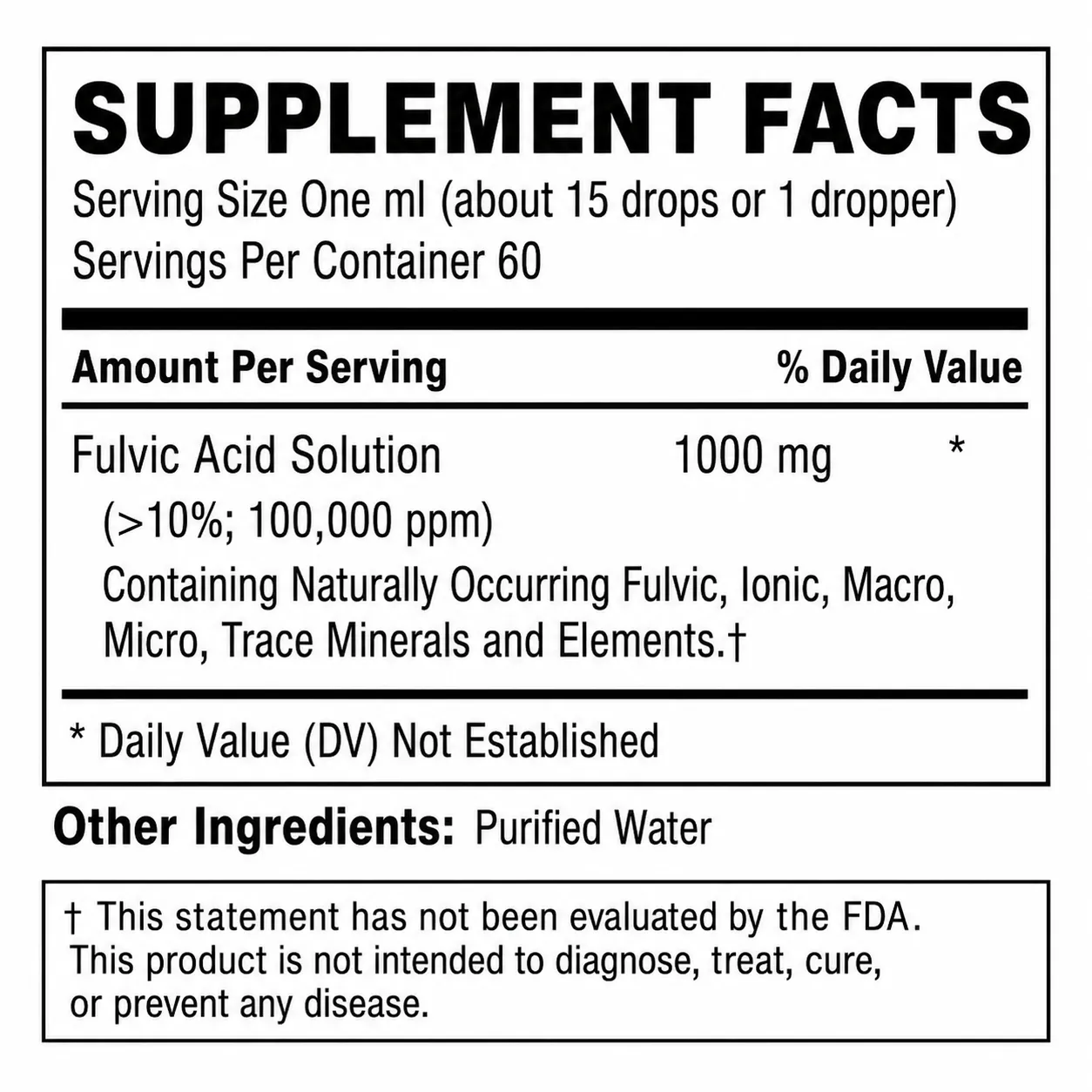 Complete Supplement Facts panel for Vesica Fulvic Acid with Ionic Minerals