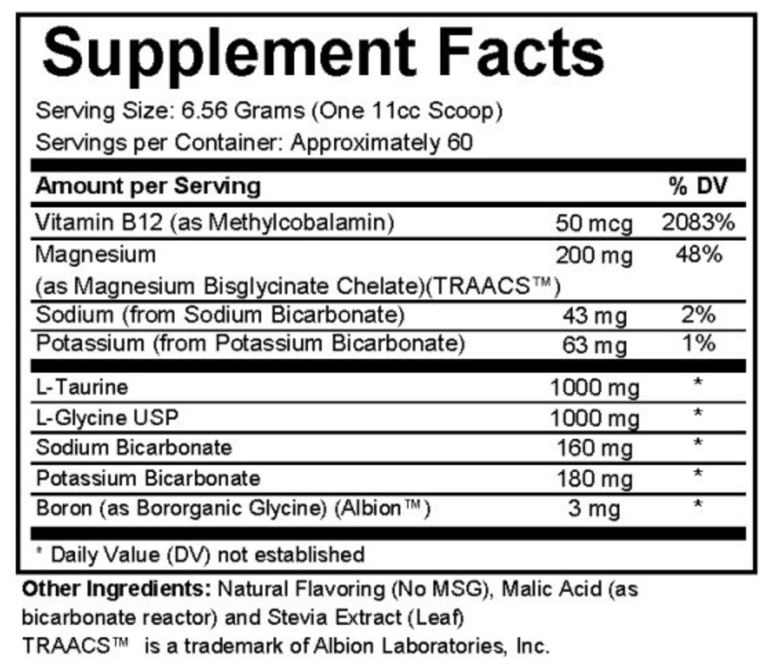 Complete Supplement Facts panel for Vesica Methyl Electrolyte Drink Mix