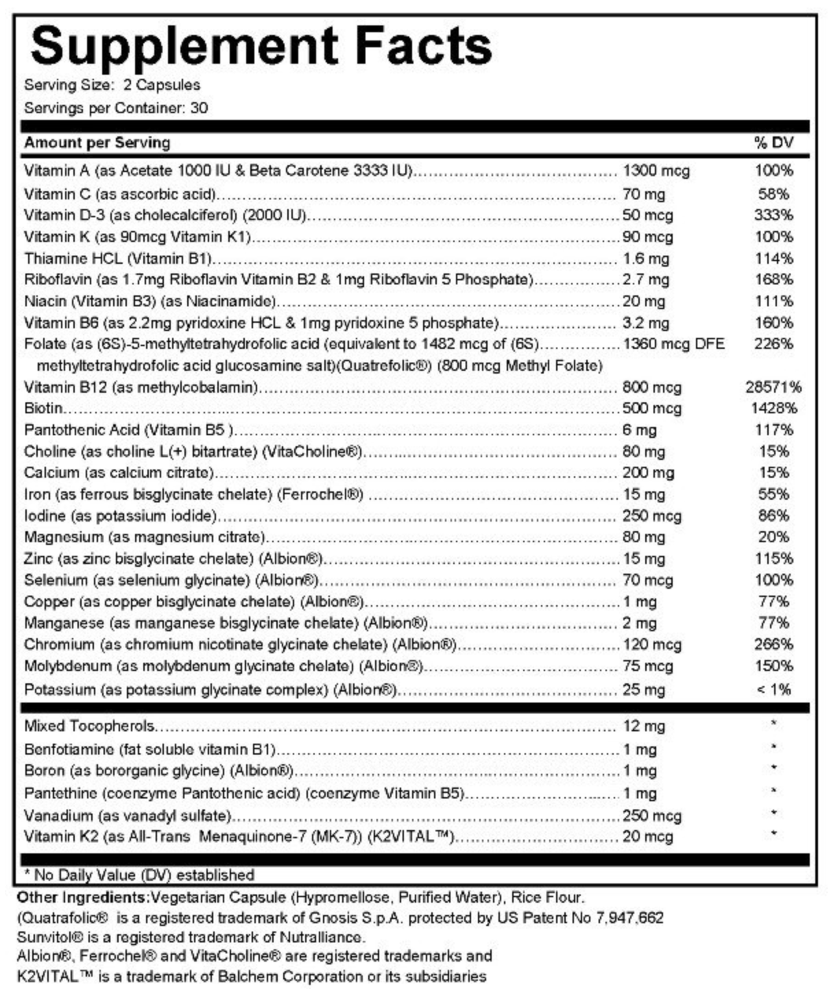 Reviewed Supplement Facts panel for Vesica Methyl Prenatal Multi