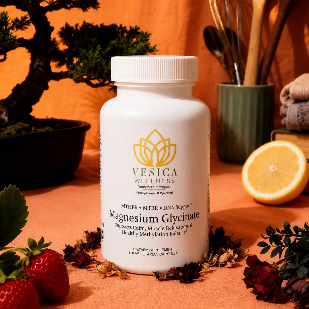 Vesica Wellness Magnesium Glycinate bottle in a warm botanical setting