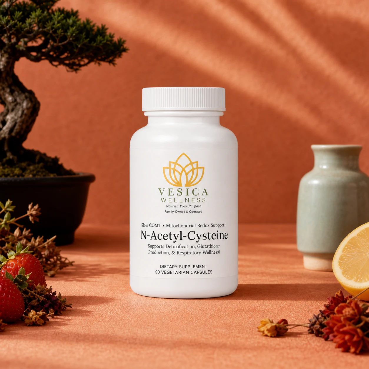 Vesica Wellness N-Acetyl-Cysteine NAC bottle in a warm coral botanical setting