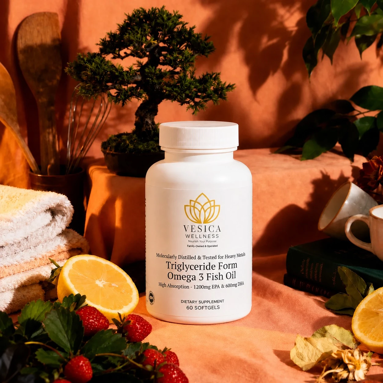 Vesica Wellness Triglyceride-Form Omega-3 Fish Oil bottle in a warm botanical setting