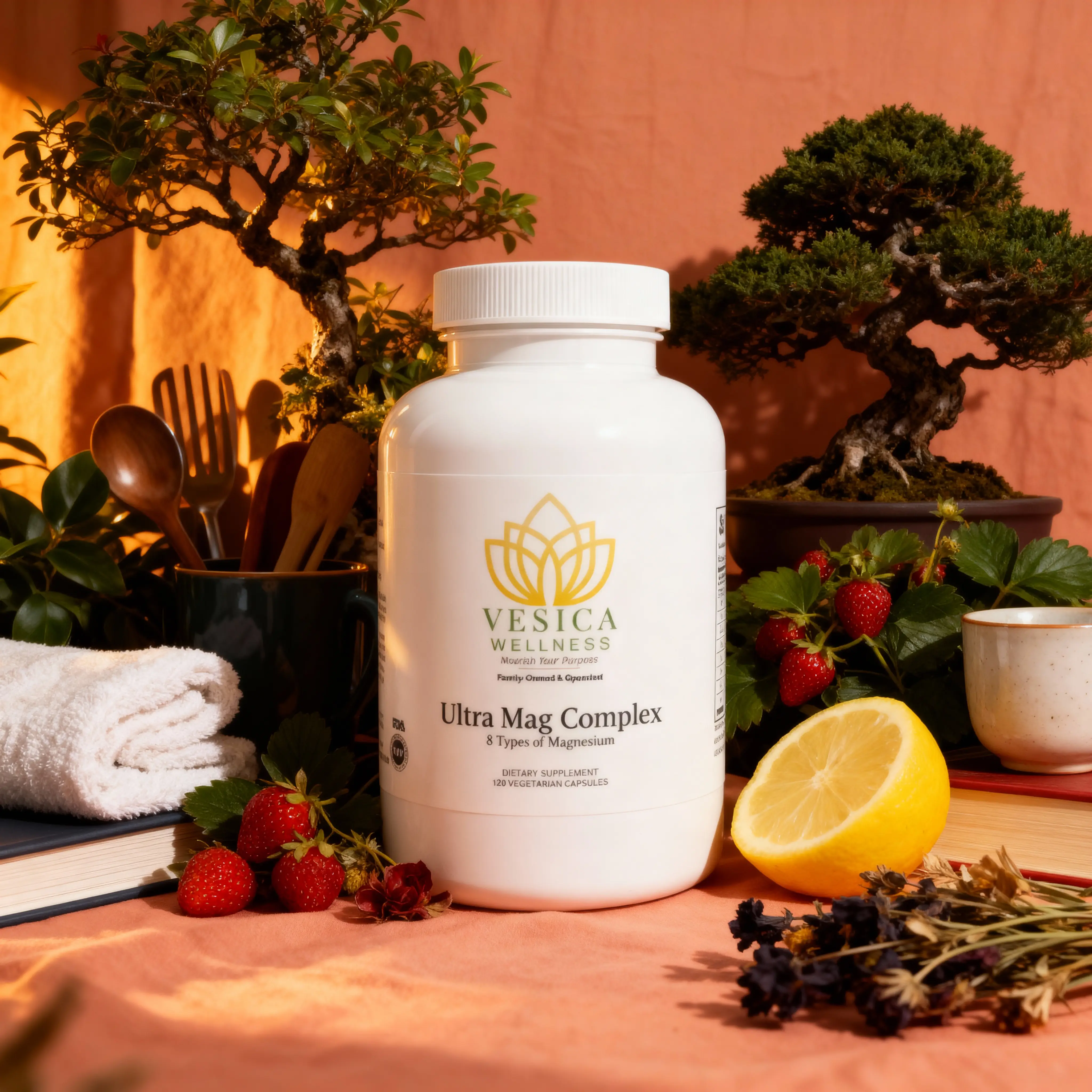 Vesica Wellness Ultra Mag Complex bottle in a warm botanical setting