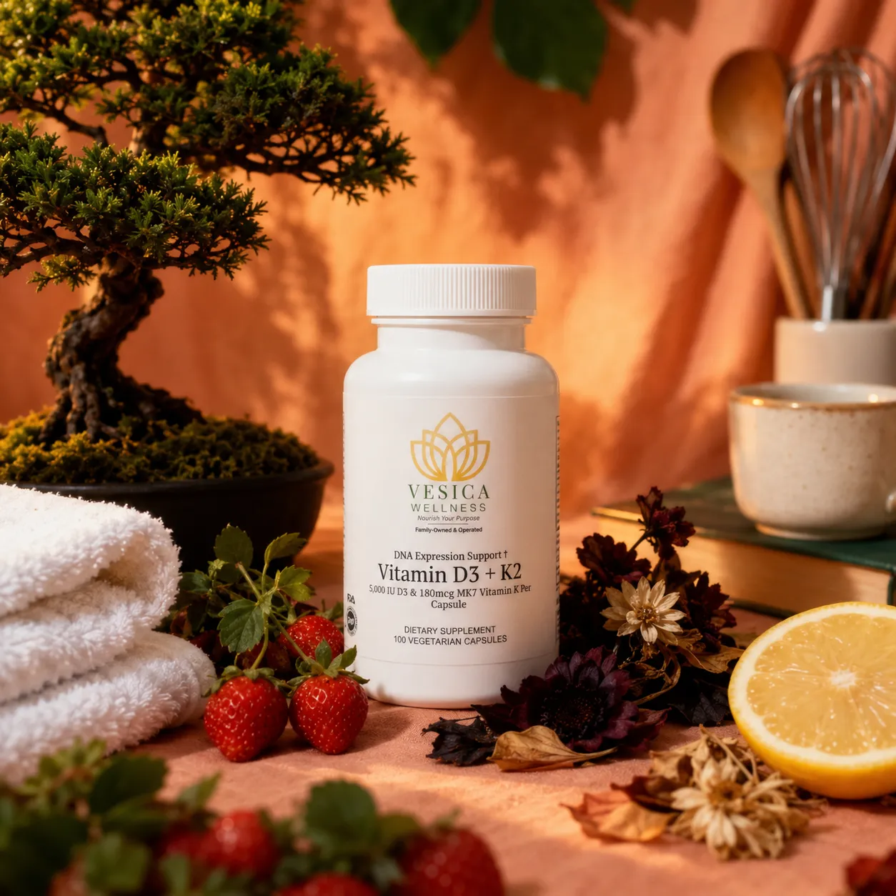 Vesica Wellness Vitamin D3 and K2 bottle in a warm botanical setting