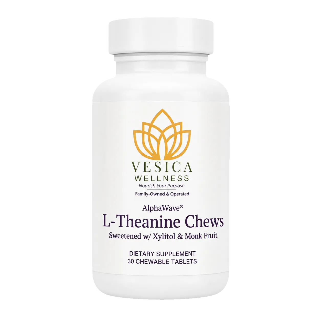 Vesica L-Theanine Chews bottle, front-facing transparent cutout