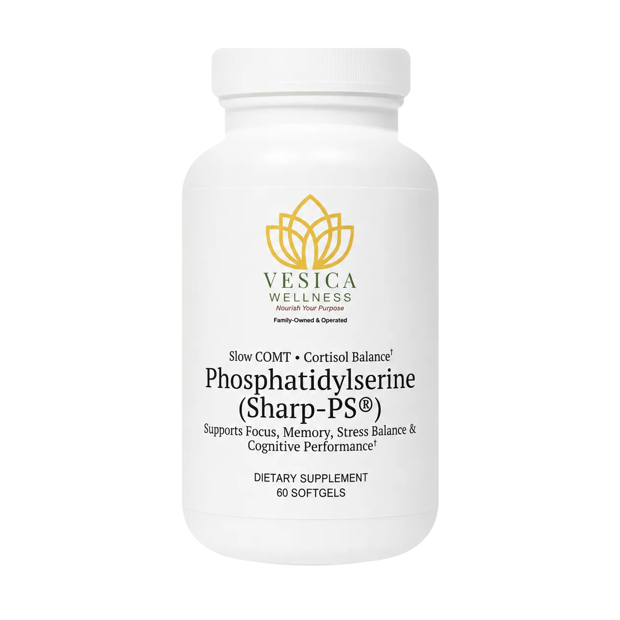 Vesica Phosphatidylserine Sharp-PS bottle, front-facing transparent cutout