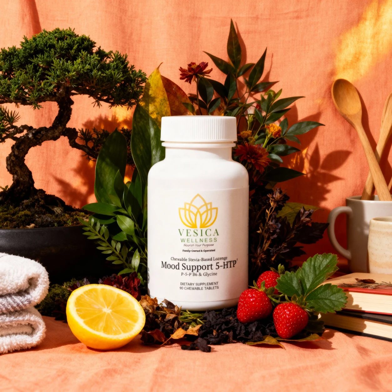 Vesica Mood Support 5-HTP bottle in a warm botanical setting