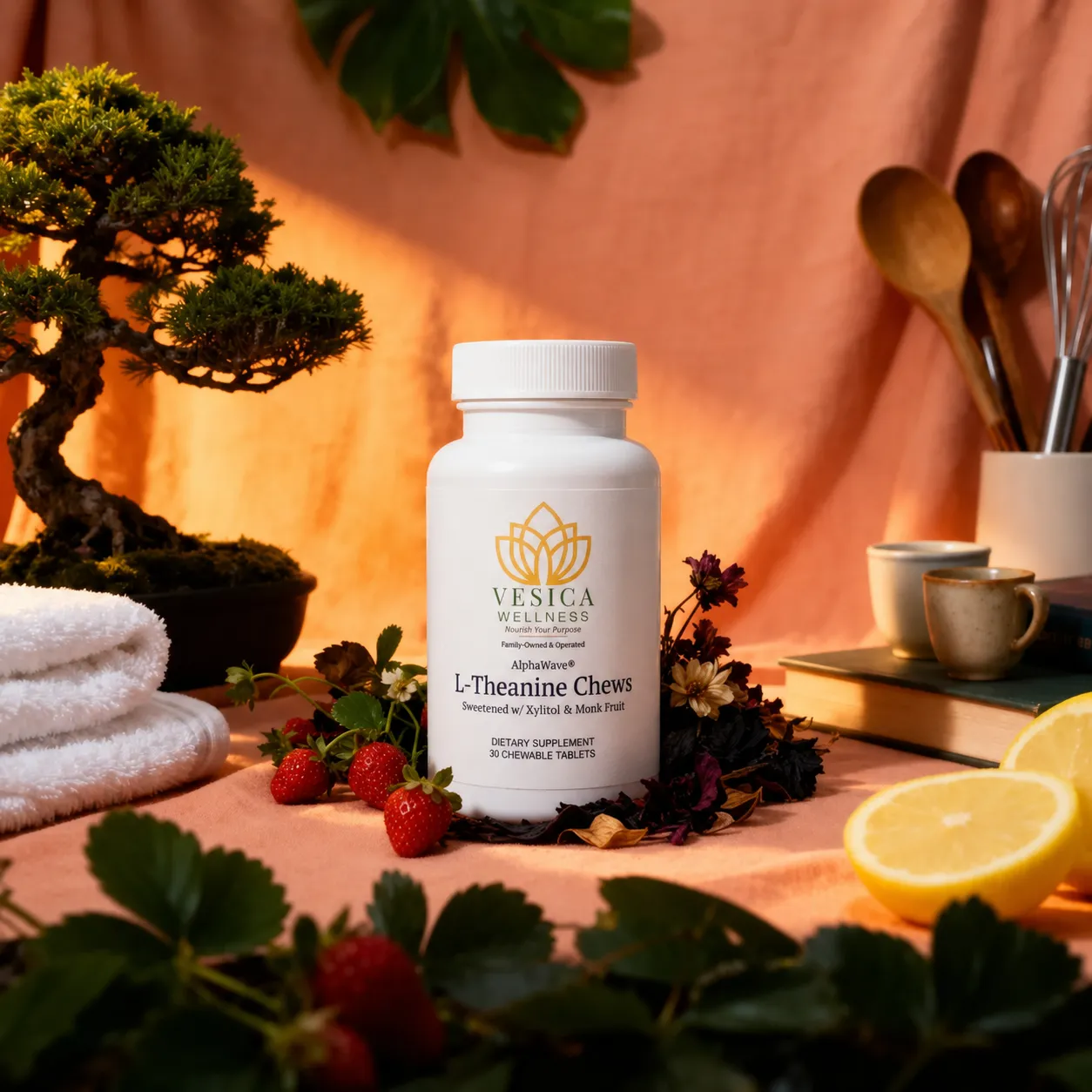 Vesica L-Theanine Chews in a warm, calm setting