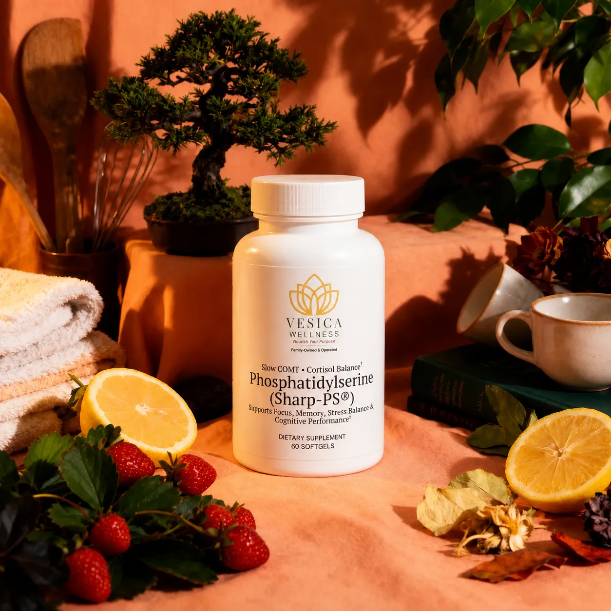 Vesica Sharp-PS phosphatidylserine bottle in a warm setting