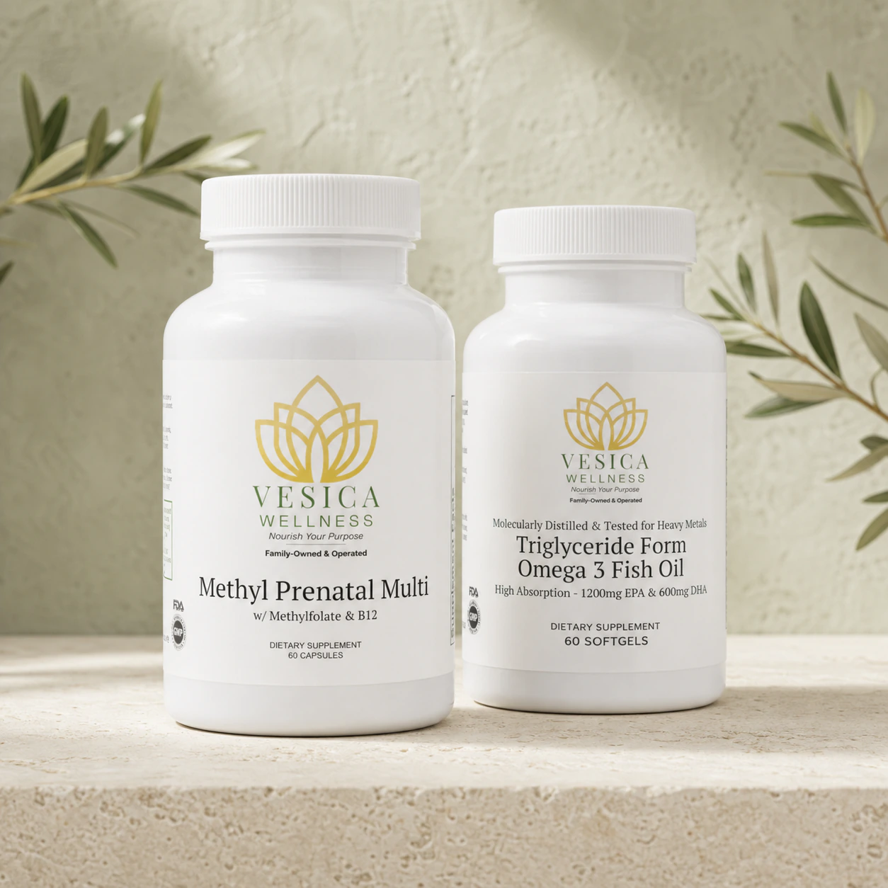 Vesica Methyl Prenatal Multi and Triglyceride-Form Omega-3 Fish Oil bottles